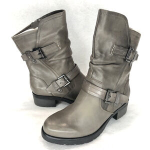 Womens Earth Size 9 Grey Leather Zip Buckle Moto Mid Boots Street Style Lug Sole